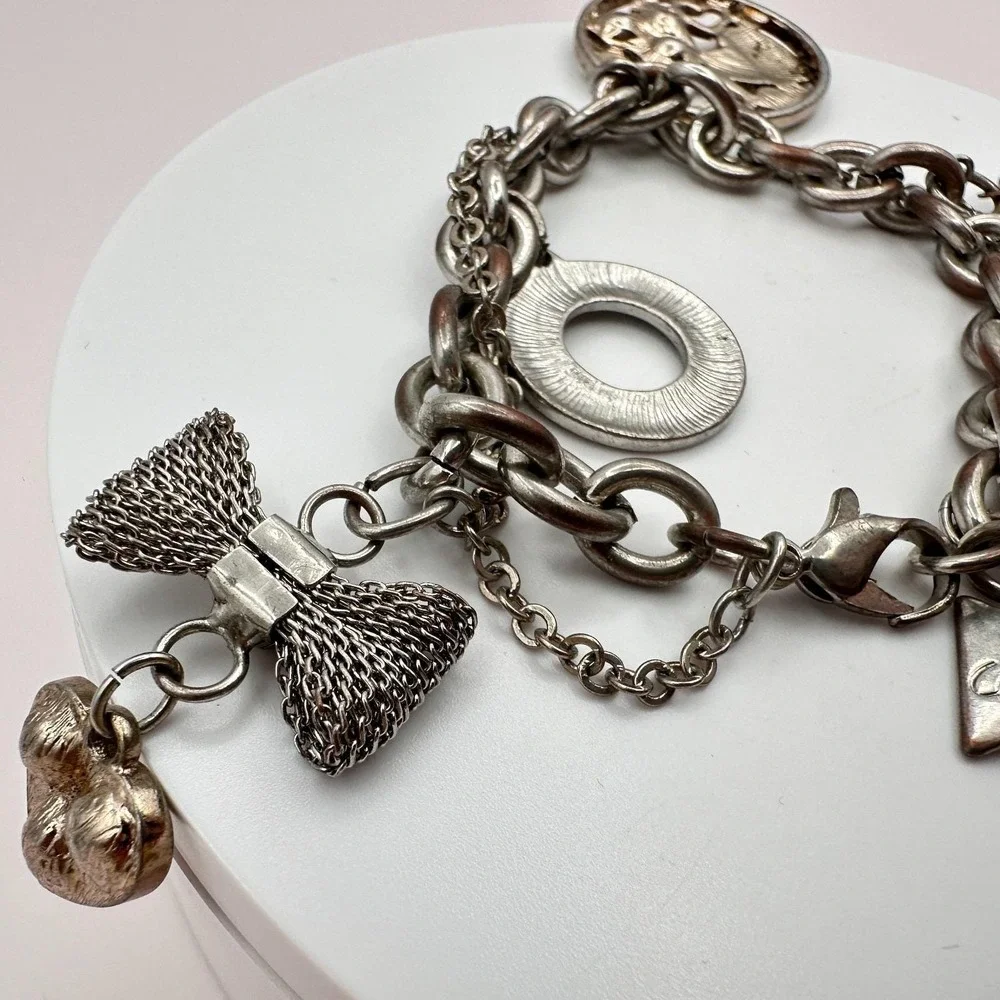 Vintage Y2K Guess Silvertone Bracelet Multi-Charm Statement Boho Fashion Jewelry